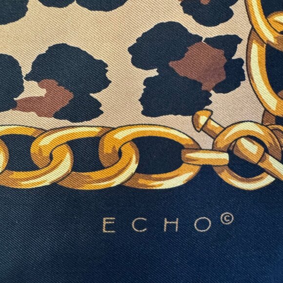 ECHO Silk Scarf Leopard Print Chain Logo Black Gold Brown Made in France Vintage - Picture 2 of 7